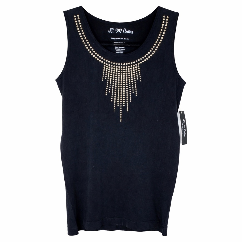LC Couture Black Studded Tank Top Silver Rhinestone Fringe Glam S